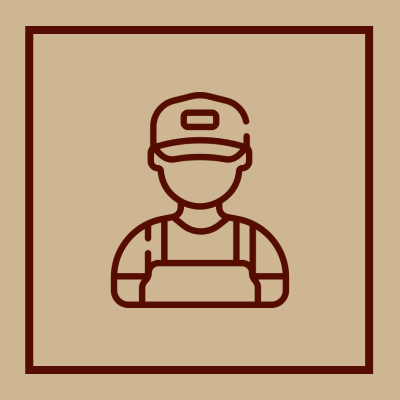 Icon of person wearing cap and overalls.