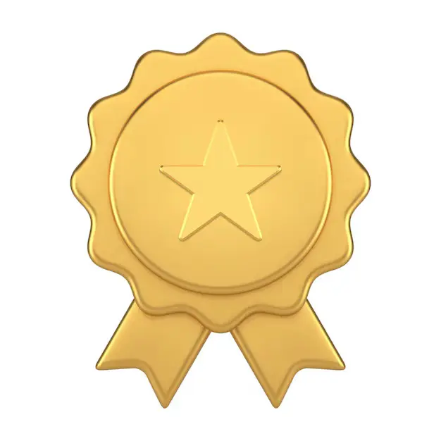 Gold award badge with star and ribbons.
